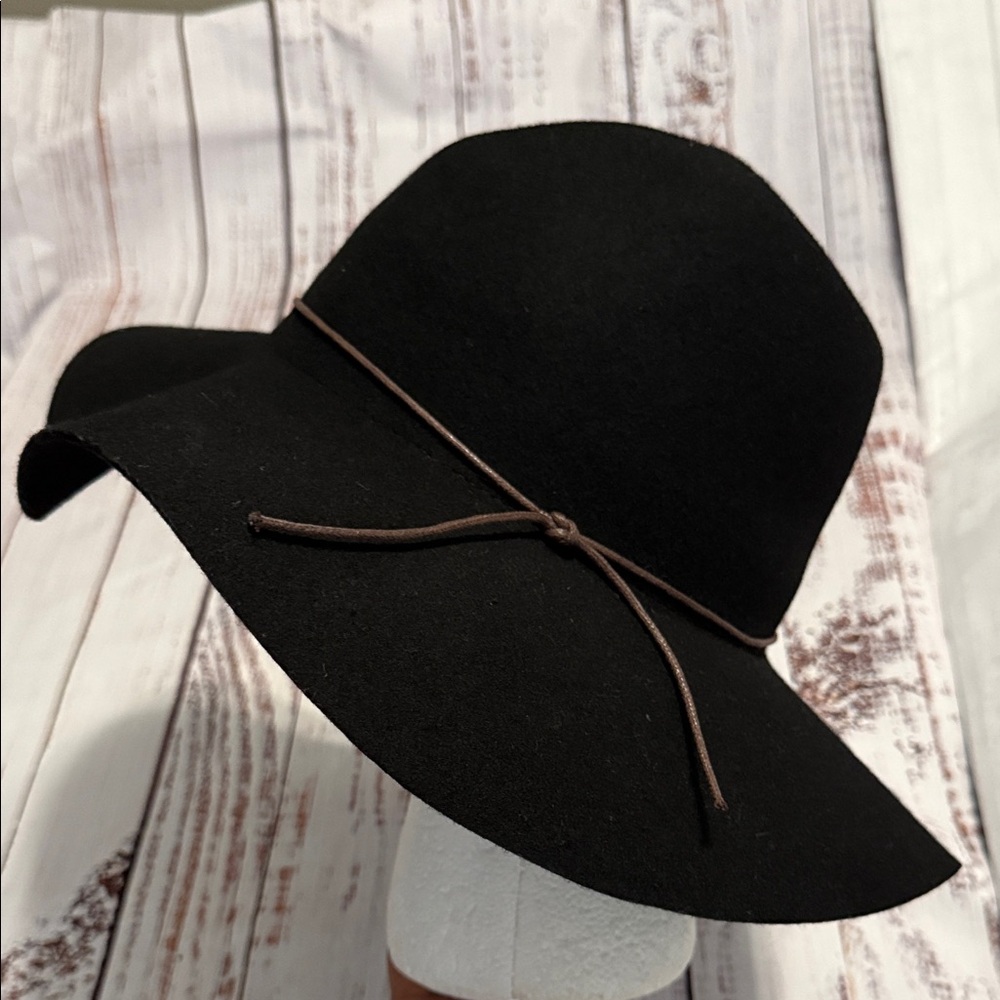 PETER GRIMM Black Wide Brim Wool Fedora Hat with Brown Leather Cord - Picture 11 of 15